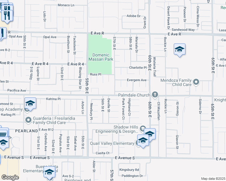 map of restaurants, bars, coffee shops, grocery stores, and more near 37615 57th Street East in Palmdale