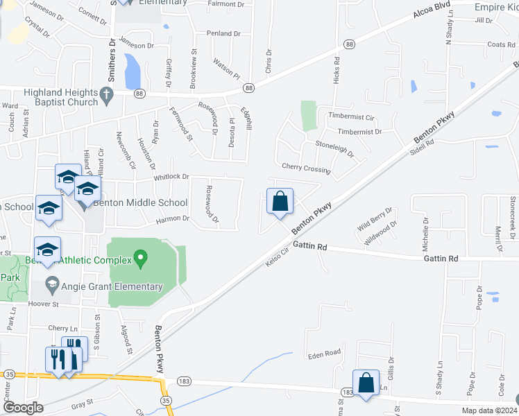 map of restaurants, bars, coffee shops, grocery stores, and more near 233 Pleasant Holly Drive in Benton