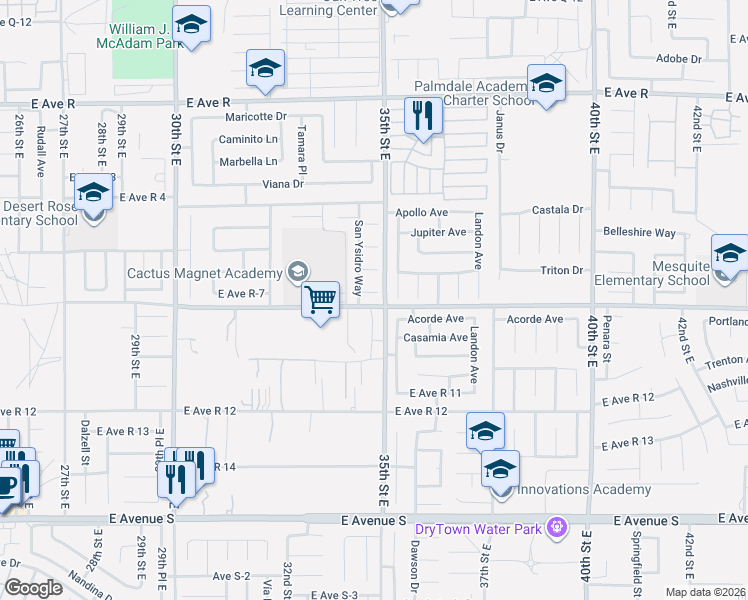 map of restaurants, bars, coffee shops, grocery stores, and more near 3446 San Felipe Court in Palmdale
