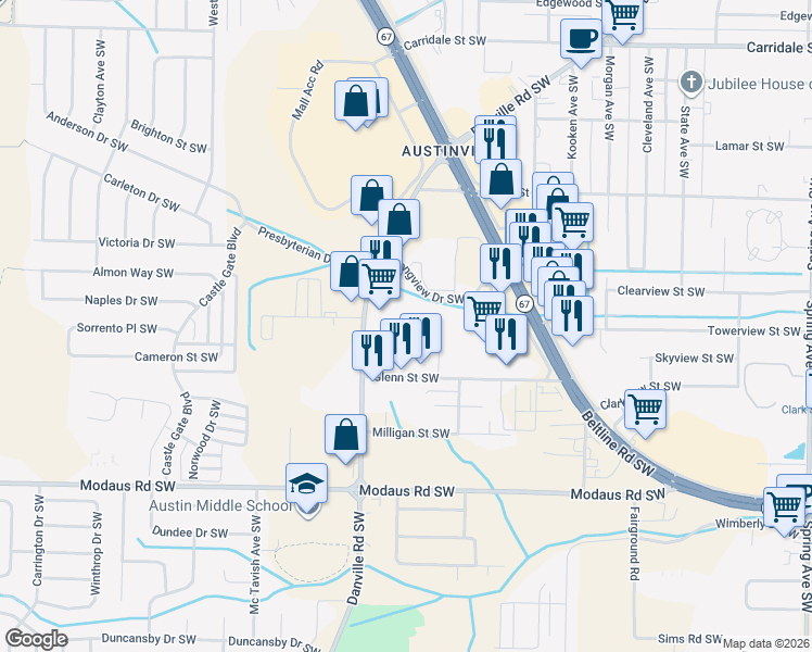 map of restaurants, bars, coffee shops, grocery stores, and more near 2424 Danville Road Southwest in Decatur