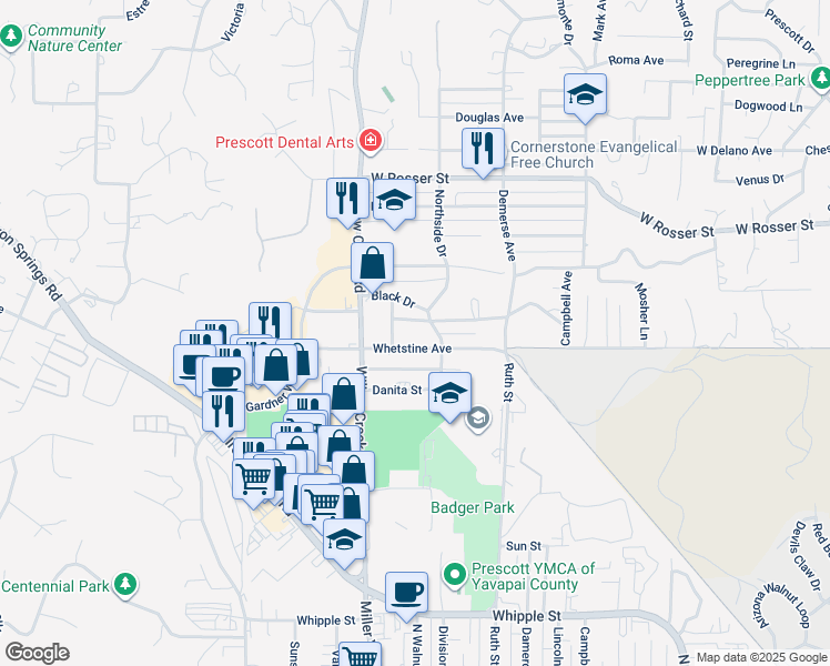 map of restaurants, bars, coffee shops, grocery stores, and more near 804 Whetstine Avenue in Prescott
