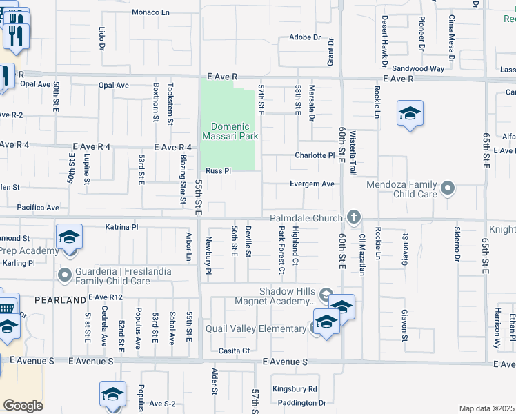 map of restaurants, bars, coffee shops, grocery stores, and more near 37615 57th Street East in Palmdale