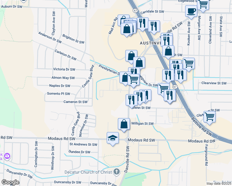 map of restaurants, bars, coffee shops, grocery stores, and more near 2023 Danville Park Drive Southwest in Decatur