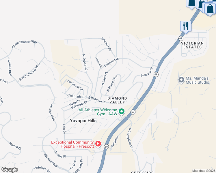 map of restaurants, bars, coffee shops, grocery stores, and more near 1538 North Elaine Way in Prescott