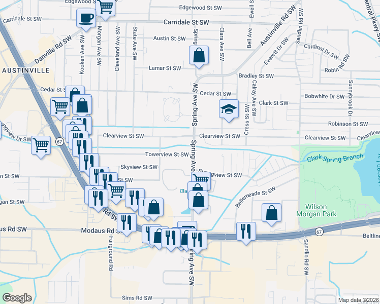 map of restaurants, bars, coffee shops, grocery stores, and more near 902 Towerview Street Southwest in Decatur