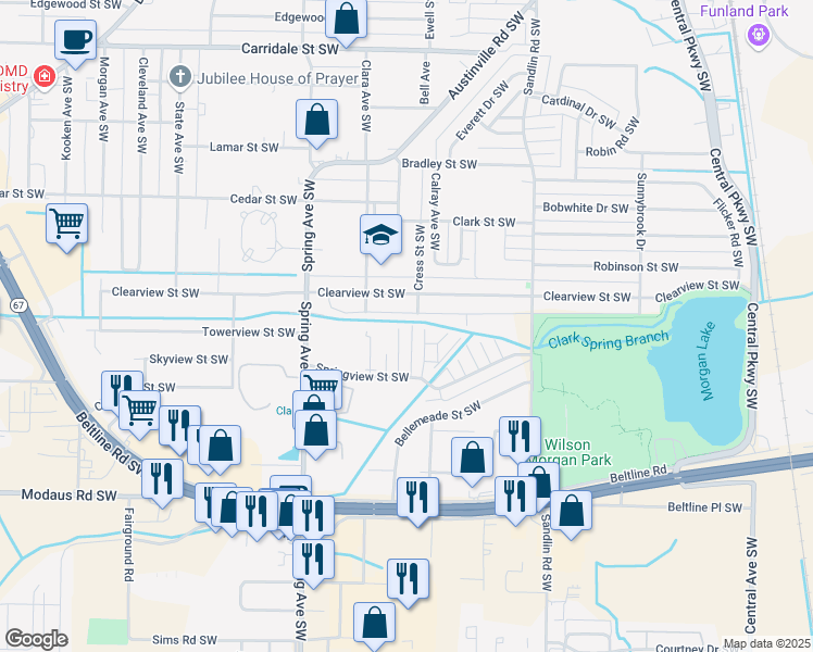 map of restaurants, bars, coffee shops, grocery stores, and more near 2401 Halifax Place Southwest in Decatur