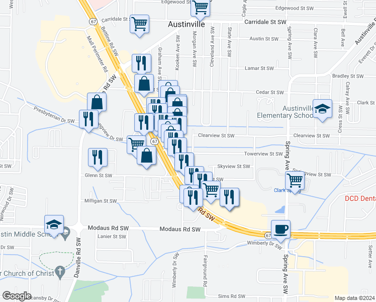 map of restaurants, bars, coffee shops, grocery stores, and more near 1321 Towerview Street Southwest in Decatur