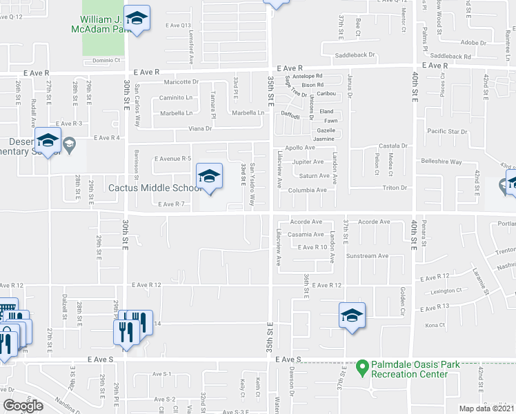 map of restaurants, bars, coffee shops, grocery stores, and more near 3446 San Felipe Court in Palmdale