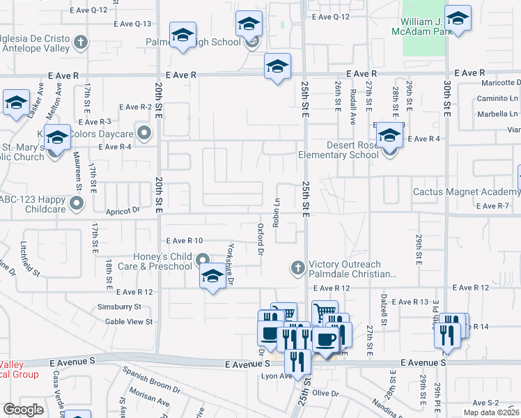 map of restaurants, bars, coffee shops, grocery stores, and more near 2320 Scott Avenue in Palmdale