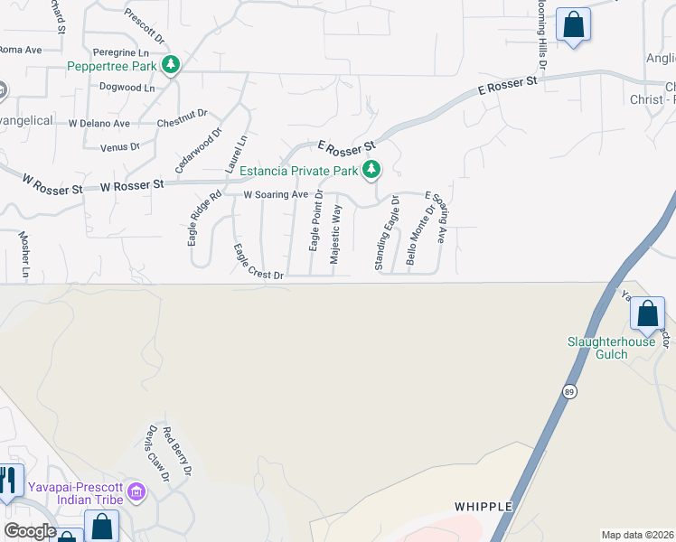 map of restaurants, bars, coffee shops, grocery stores, and more near 1465 Eagle Crest Drive in Prescott