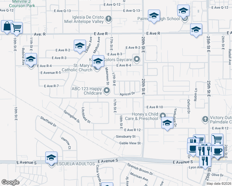 map of restaurants, bars, coffee shops, grocery stores, and more near 37616 17th Street East in Palmdale