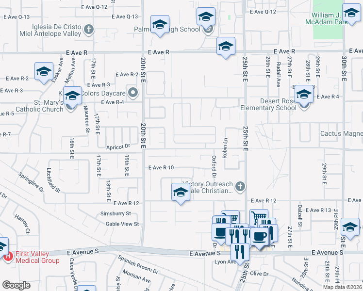 map of restaurants, bars, coffee shops, grocery stores, and more near 2130 Scott Avenue in Palmdale