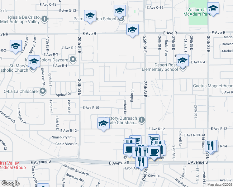 map of restaurants, bars, coffee shops, grocery stores, and more near 2250 Scott Avenue in Palmdale