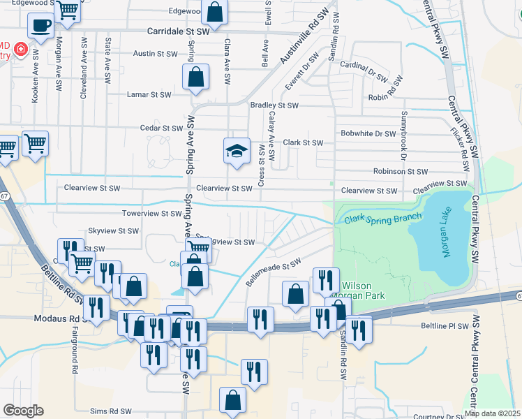 map of restaurants, bars, coffee shops, grocery stores, and more near 2401 Halifax Pl SW in Decatur