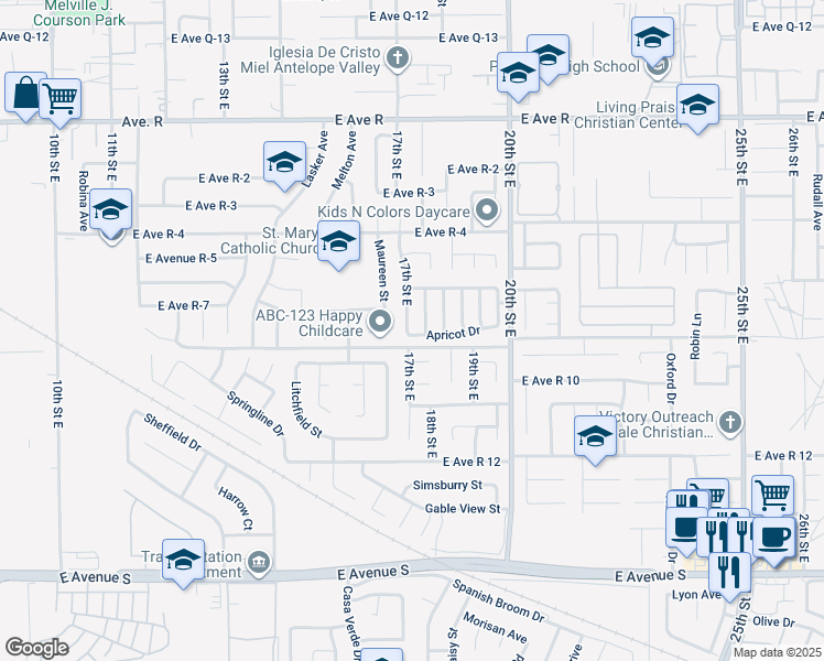 map of restaurants, bars, coffee shops, grocery stores, and more near 37616 17th Street East in Palmdale