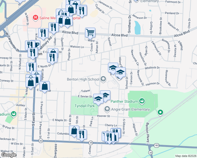 map of restaurants, bars, coffee shops, grocery stores, and more near 142 Border Circle in Benton