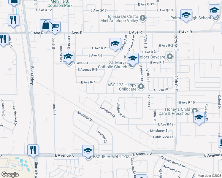 map of restaurants, bars, coffee shops, grocery stores, and more near 37621 15th Street East in Palmdale