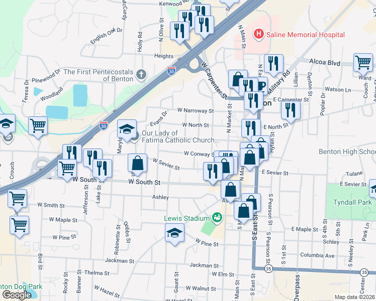 map of restaurants, bars, coffee shops, grocery stores, and more near 523 West Conway Street in Benton