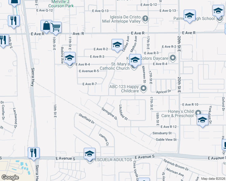 map of restaurants, bars, coffee shops, grocery stores, and more near 37621 15th Street East in Palmdale