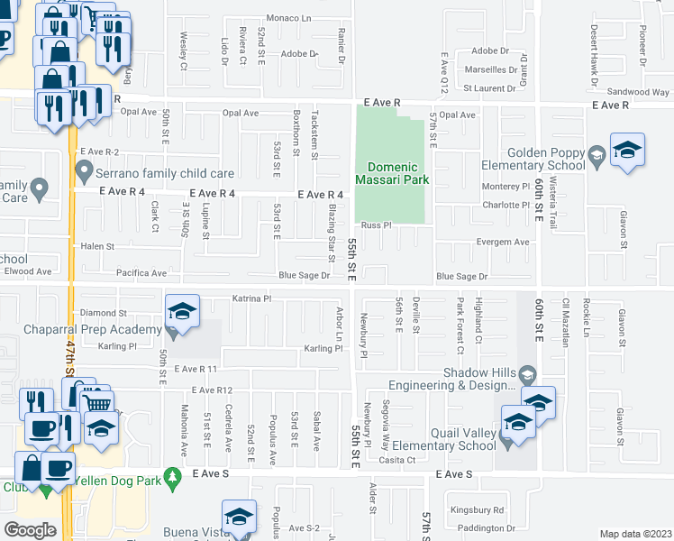map of restaurants, bars, coffee shops, grocery stores, and more near 5377 Blue Sage Drive in Palmdale