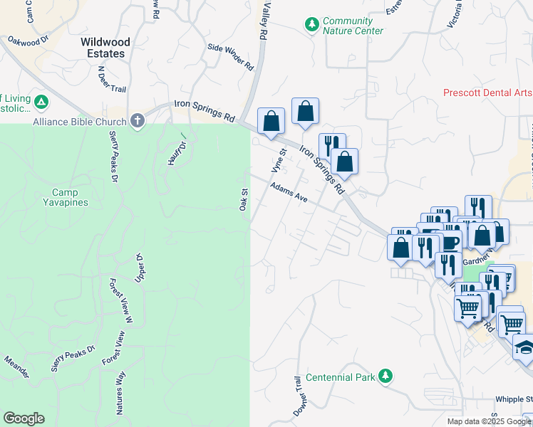 map of restaurants, bars, coffee shops, grocery stores, and more near 1519 Vyne Street in Prescott