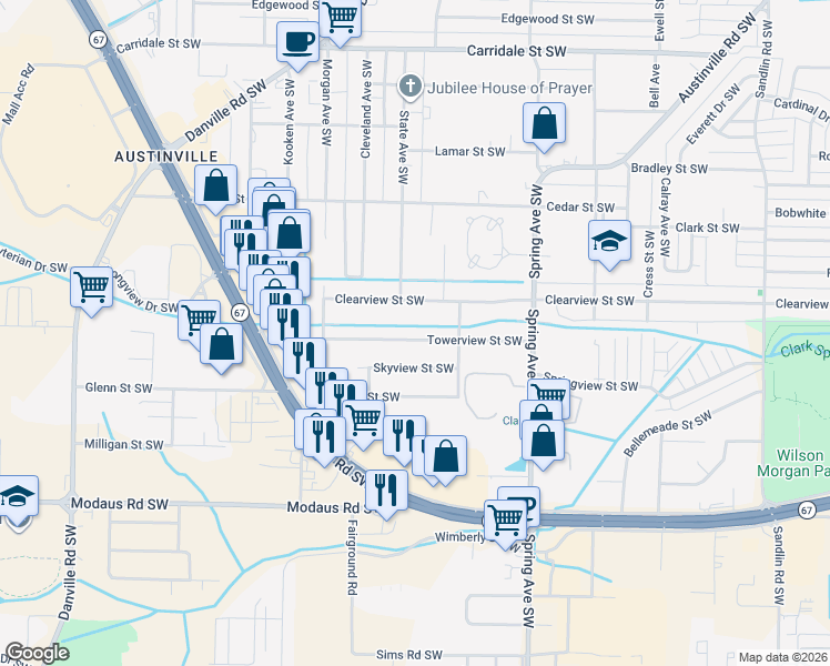 map of restaurants, bars, coffee shops, grocery stores, and more near 1014 Towerview Street Southwest in Decatur