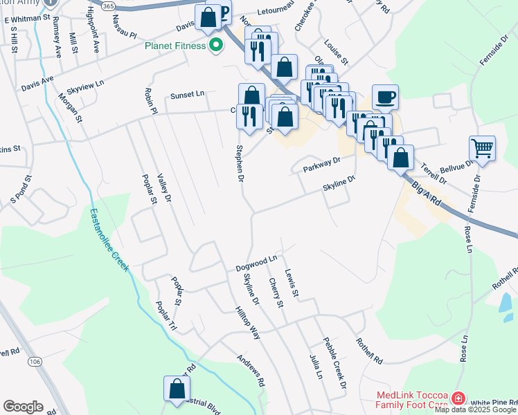 map of restaurants, bars, coffee shops, grocery stores, and more near 510 Skyline Drive in Toccoa