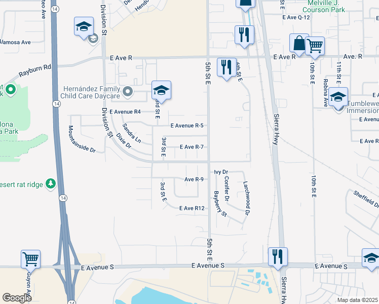 map of restaurants, bars, coffee shops, grocery stores, and more near 37622 4th Street East in Palmdale