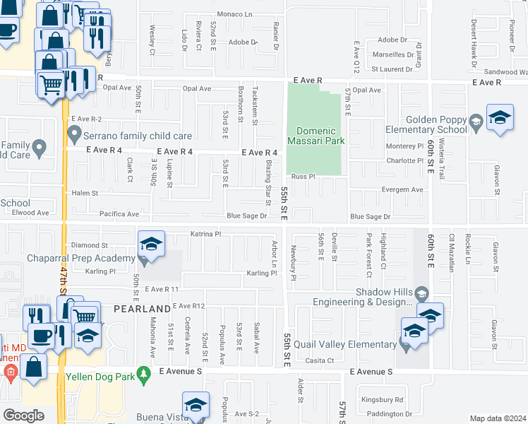 map of restaurants, bars, coffee shops, grocery stores, and more near 5361 Blue Sage Drive in Palmdale