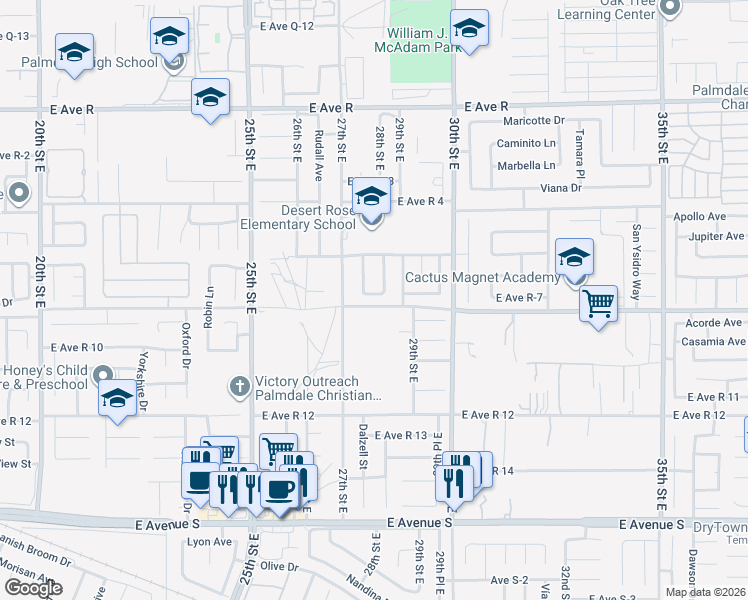 map of restaurants, bars, coffee shops, grocery stores, and more near 2736 East Avenue R7 in Palmdale