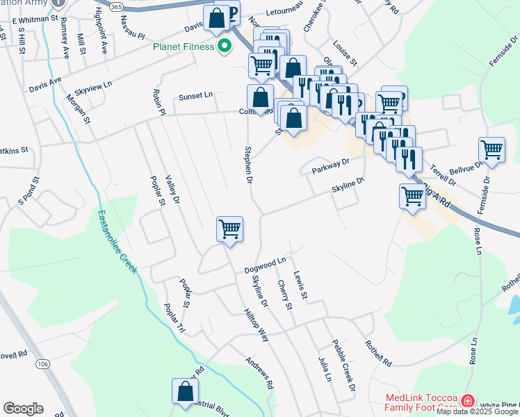 map of restaurants, bars, coffee shops, grocery stores, and more near 510 Skyline Drive in Toccoa