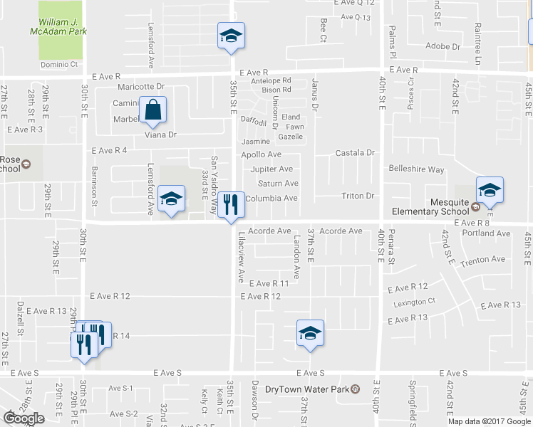 map of restaurants, bars, coffee shops, grocery stores, and more near 37609 36th Street East in Palmdale