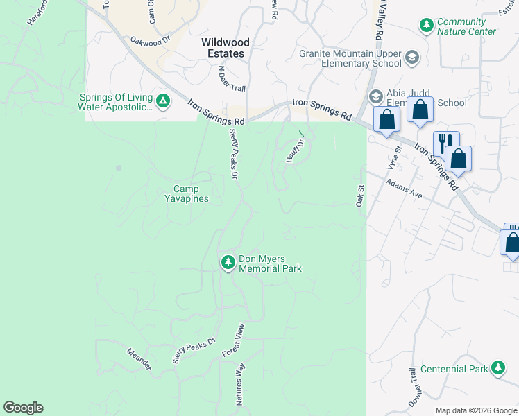 map of restaurants, bars, coffee shops, grocery stores, and more near 1954 Sunnyside Lane in Prescott