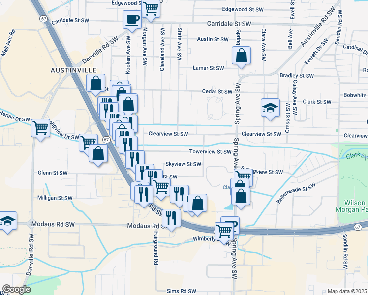 map of restaurants, bars, coffee shops, grocery stores, and more near 1014 Towerview St SW in Decatur