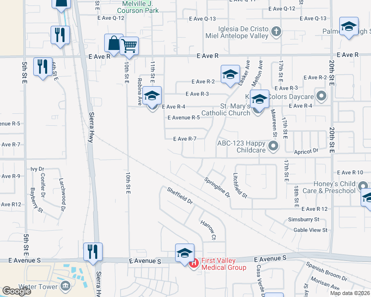 map of restaurants, bars, coffee shops, grocery stores, and more near 37627 12th Street East in Palmdale