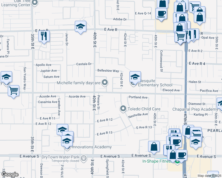 map of restaurants, bars, coffee shops, grocery stores, and more near 37613 Tacoma Street in Palmdale