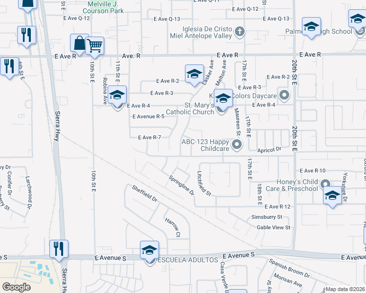 map of restaurants, bars, coffee shops, grocery stores, and more near 37622 Lasker Avenue in Palmdale