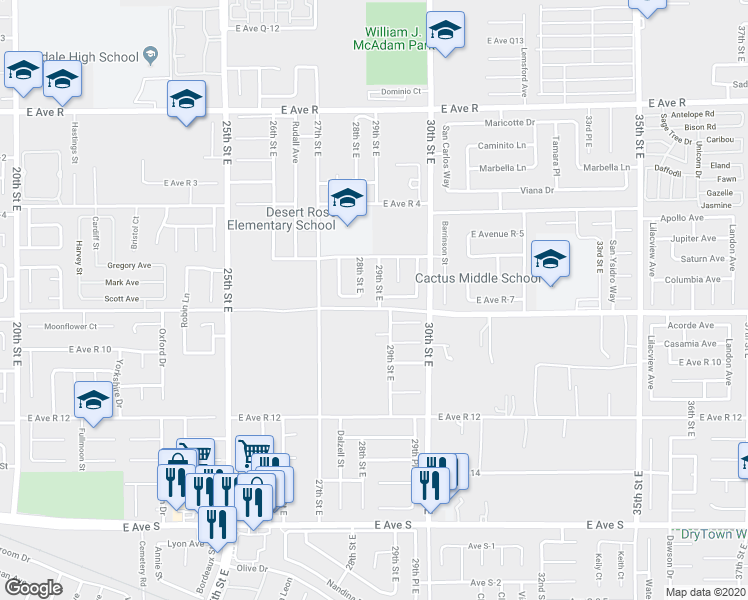 map of restaurants, bars, coffee shops, grocery stores, and more near 37607 29th Street East in Palmdale