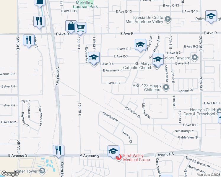 map of restaurants, bars, coffee shops, grocery stores, and more near 37627 12th Street East in Palmdale