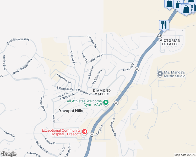 map of restaurants, bars, coffee shops, grocery stores, and more near 1598 North Douglas Drive in Prescott