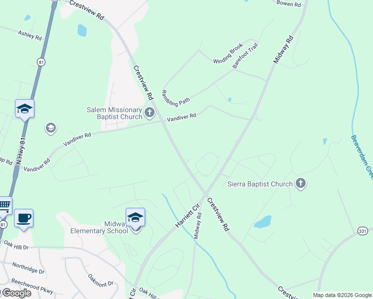 map of restaurants, bars, coffee shops, grocery stores, and more near 1220 Crestview Road in Anderson