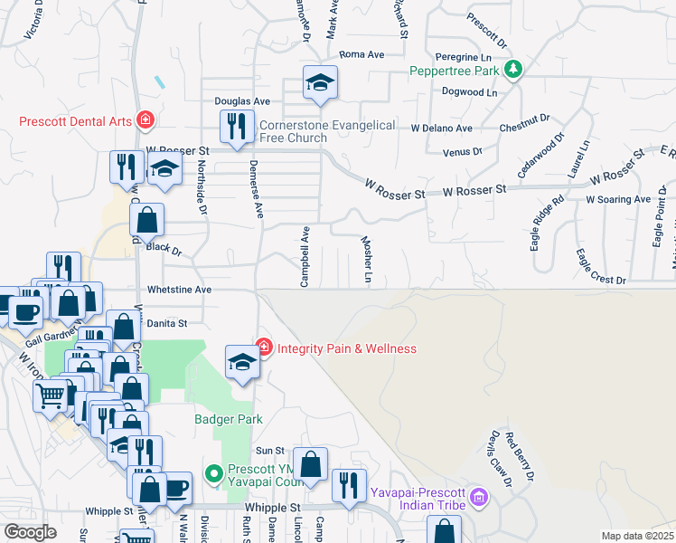 map of restaurants, bars, coffee shops, grocery stores, and more near Unnamed Road in Prescott