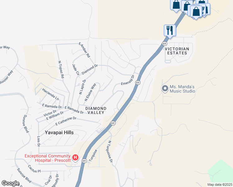 map of restaurants, bars, coffee shops, grocery stores, and more near 5101 East Ramada Drive in Prescott