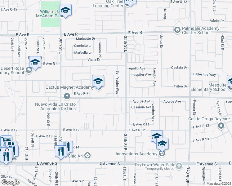 map of restaurants, bars, coffee shops, grocery stores, and more near 37617 San Ysidro Way in Palmdale