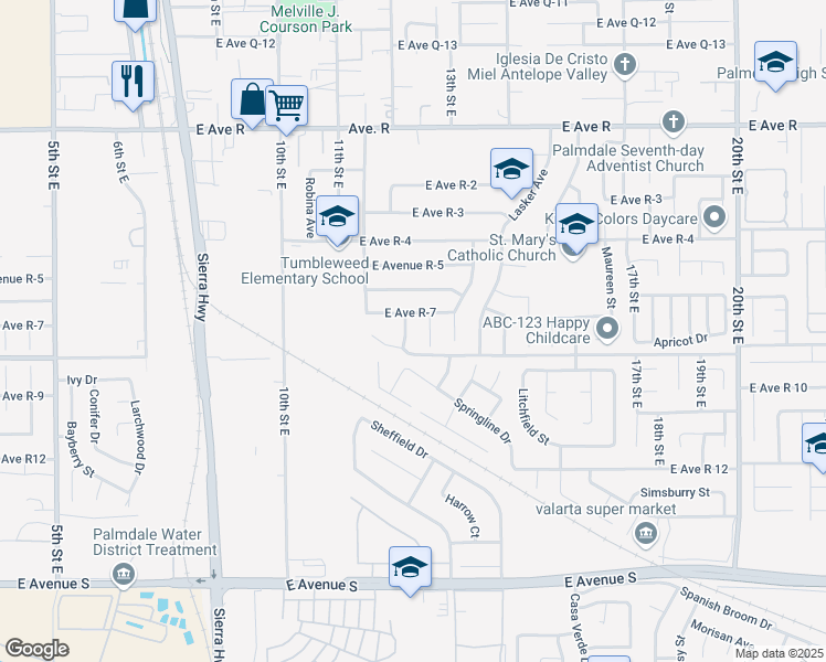 map of restaurants, bars, coffee shops, grocery stores, and more near in Palmdale