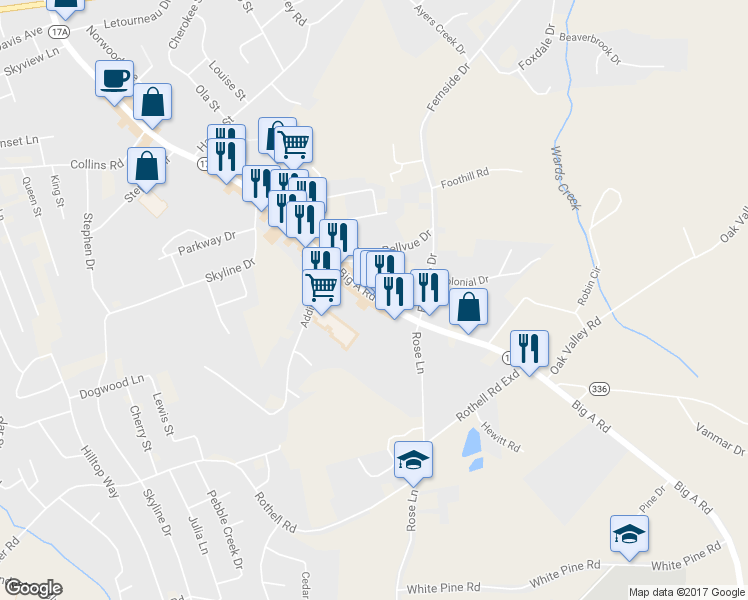 map of restaurants, bars, coffee shops, grocery stores, and more near 1022 Big A Road in Toccoa