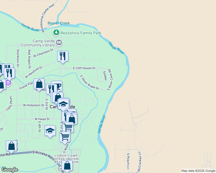 map of restaurants, bars, coffee shops, grocery stores, and more near 248 South River Cave Road in Camp Verde
