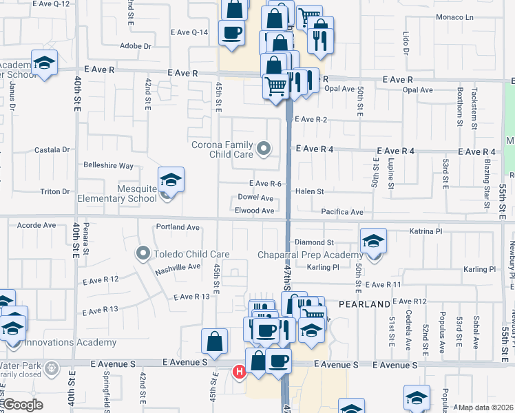 map of restaurants, bars, coffee shops, grocery stores, and more near 4605 Elwood Avenue in Palmdale