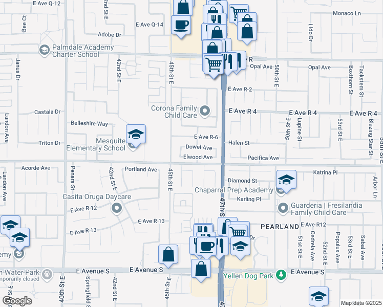 map of restaurants, bars, coffee shops, grocery stores, and more near 4551 Elwood Avenue in Palmdale