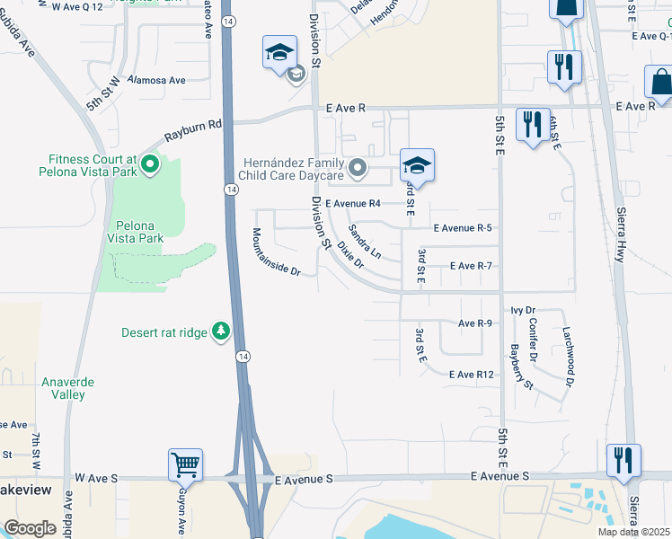 map of restaurants, bars, coffee shops, grocery stores, and more near 37638 Patty Court in Palmdale